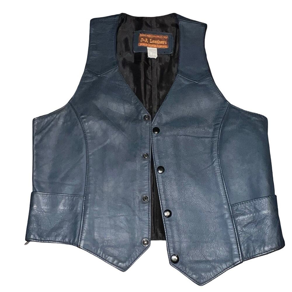 Vintage J&A Leathers Leather Vest Biker Pockets Snap Front Men’s Size Small